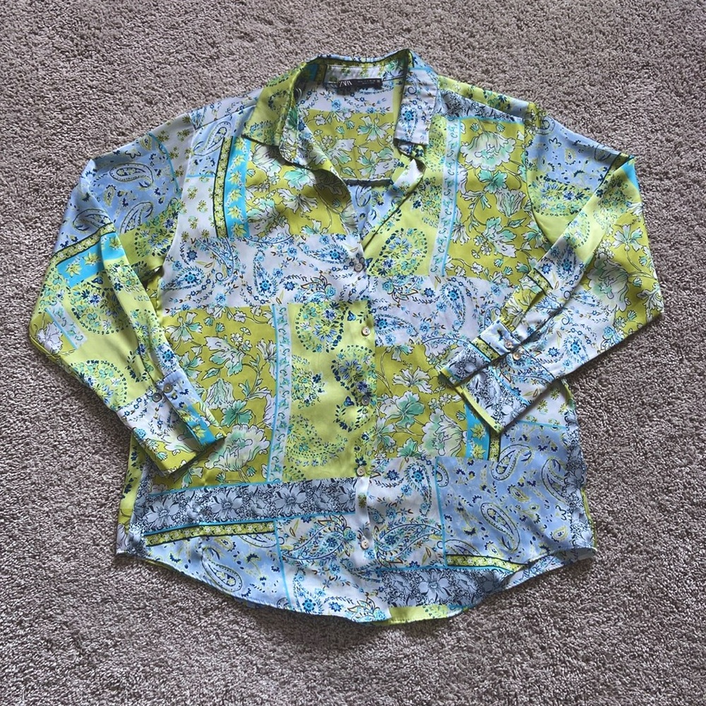 Zara • Paisley Patchwork Satin Long Sleeve Button Up Shirt